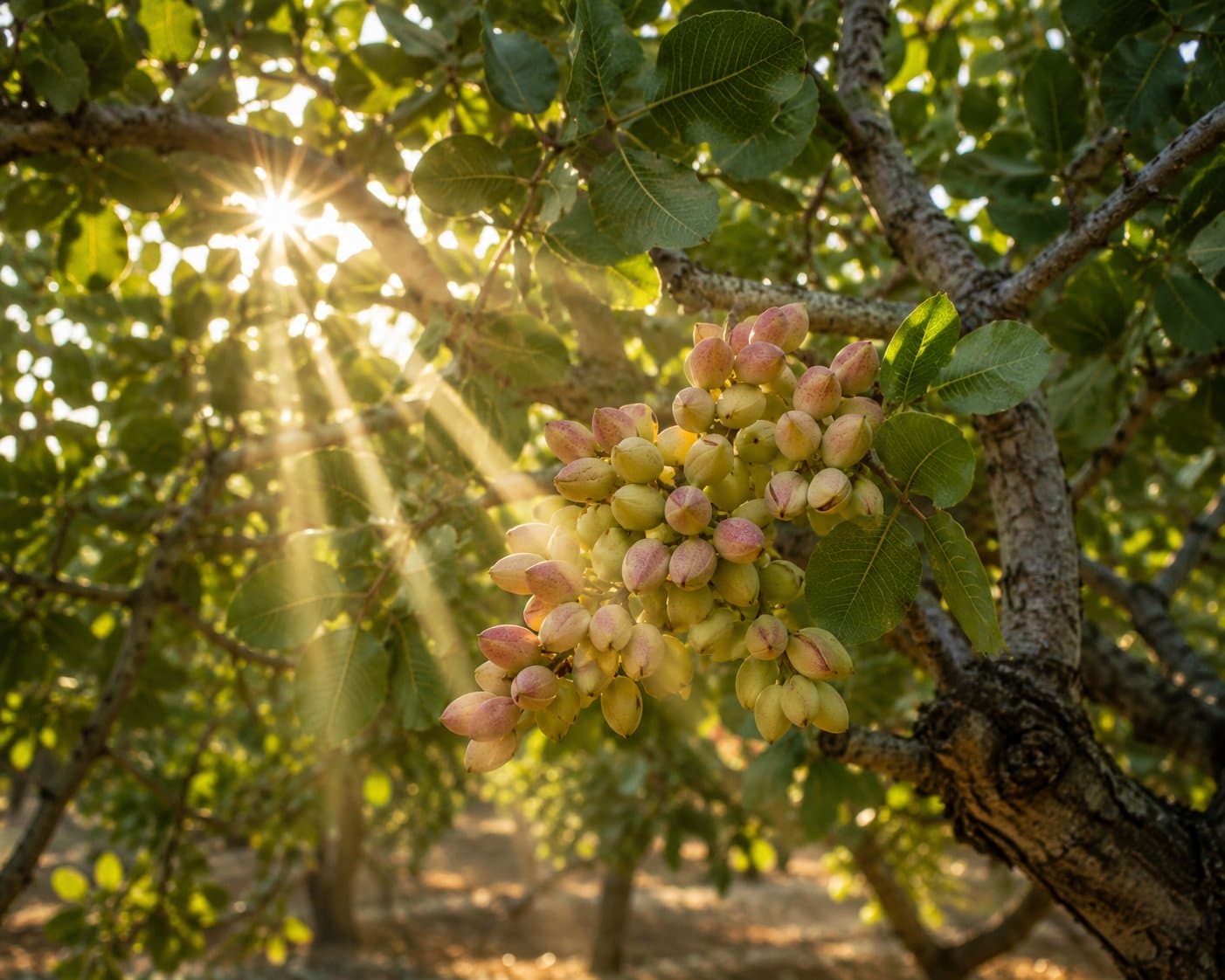 Gaziantep pistachio orchard — sunlight through the branches